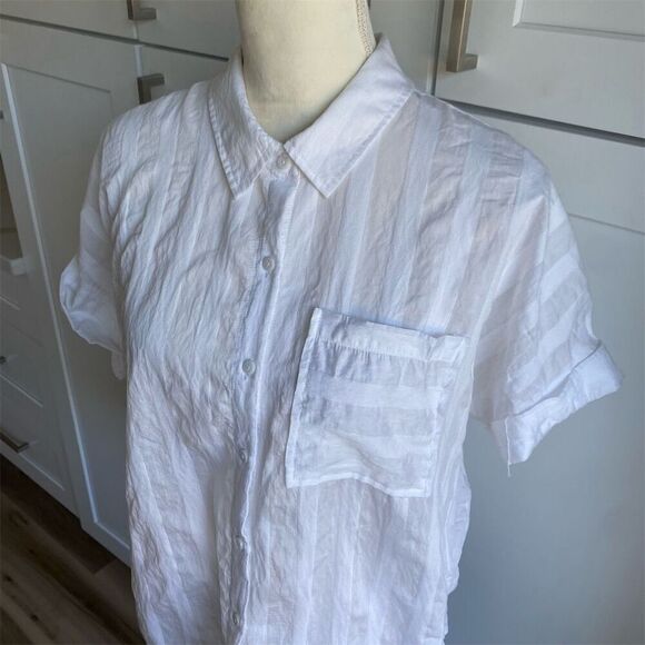 Tribal Women's M White Striped Button-Up Shirt Short Sleeve - Picture 2 of 5